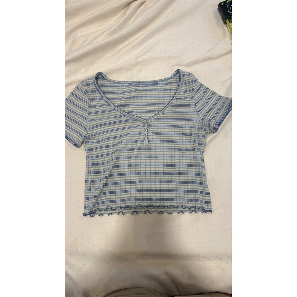 American Eagle Blue Striped Ribbed Henley Top Lettuce Trim Small